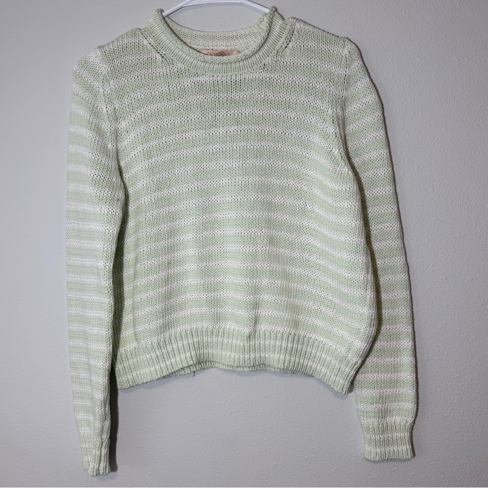 Olivacious Cotton Sweater Mint and White With Rolled Crewneck Women’s Size Small